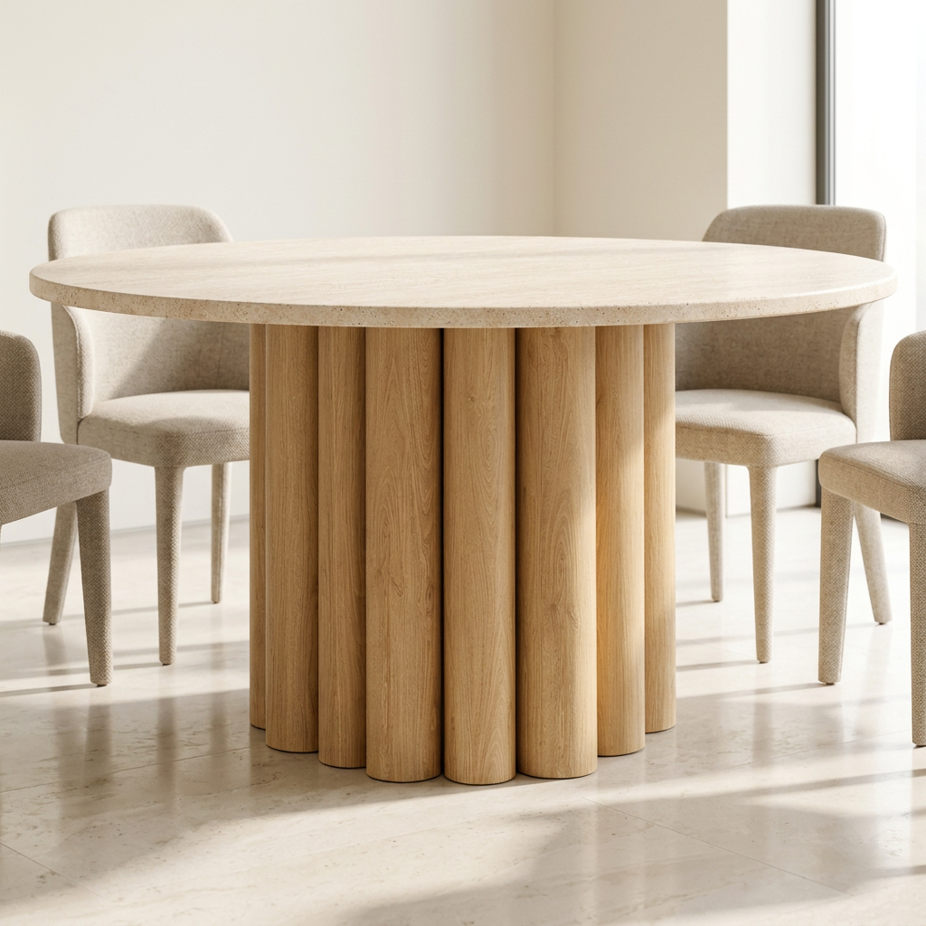 Elowen round travertine and light oak-toned dining table in a contemporary dining room