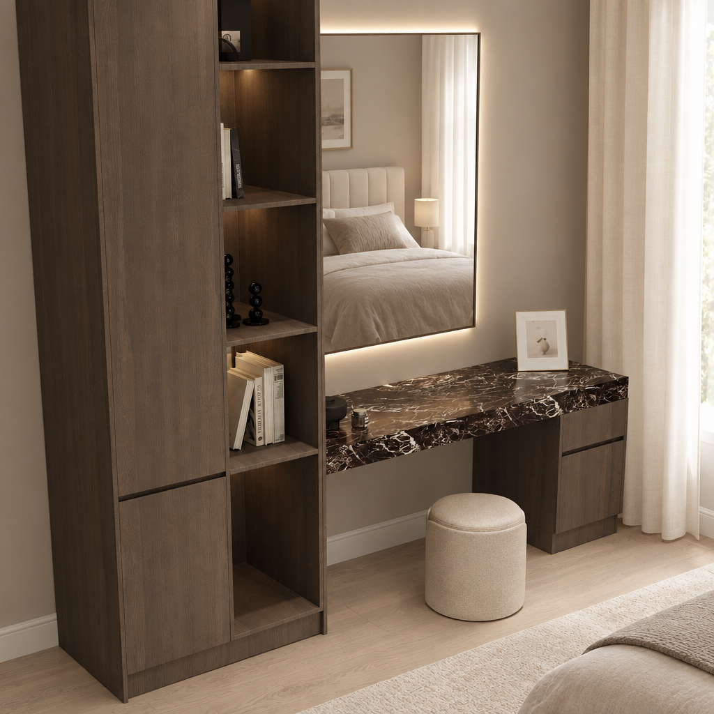 Sorella vanity unit in a luxury modern bedroom, angled view