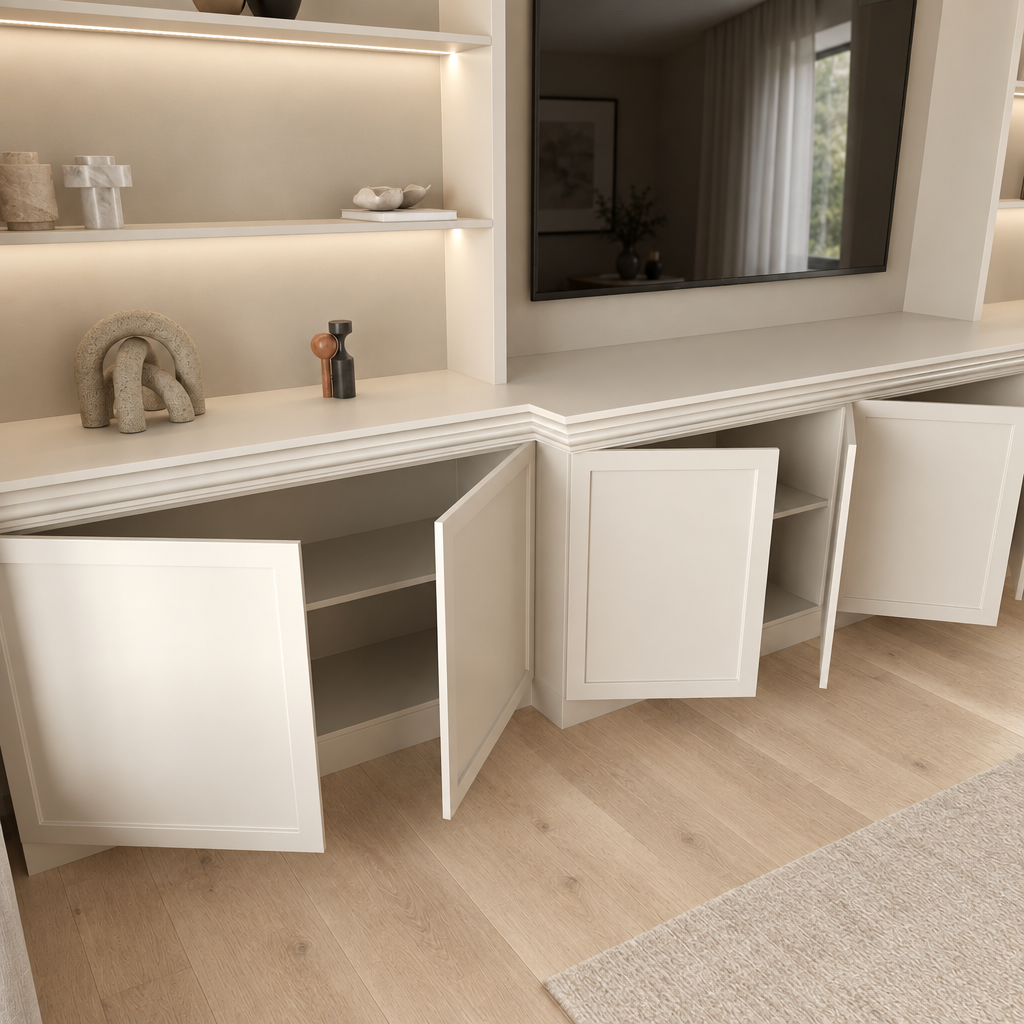 Chelsea TV media wall open cabinet storage in a neutral living room without screen branding