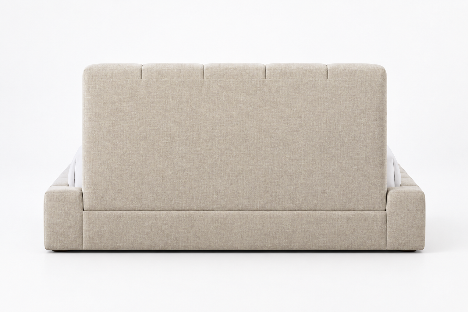 Rear view of Alder upholstered panel bed