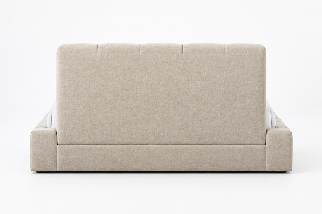 Rear view of Alder upholstered panel bed