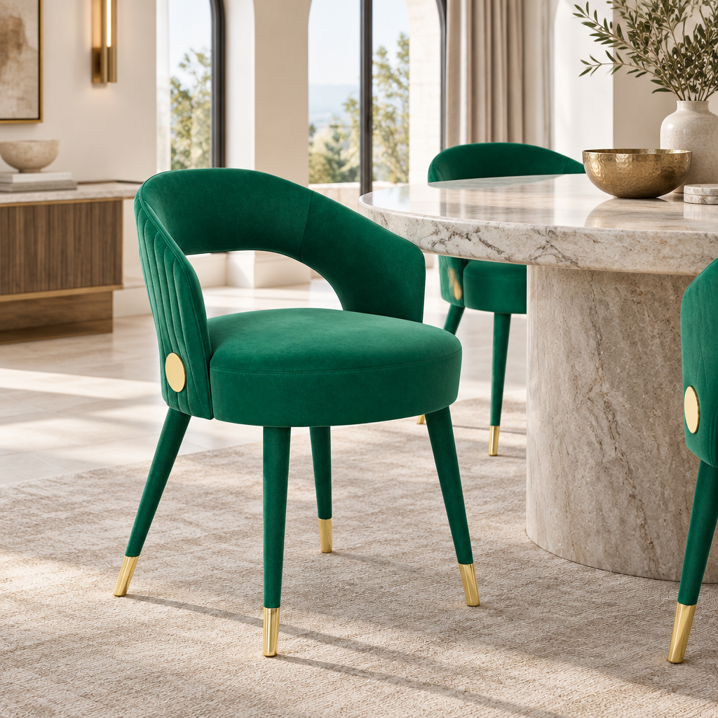 Esme green dining armchair in a luxury modern dining room