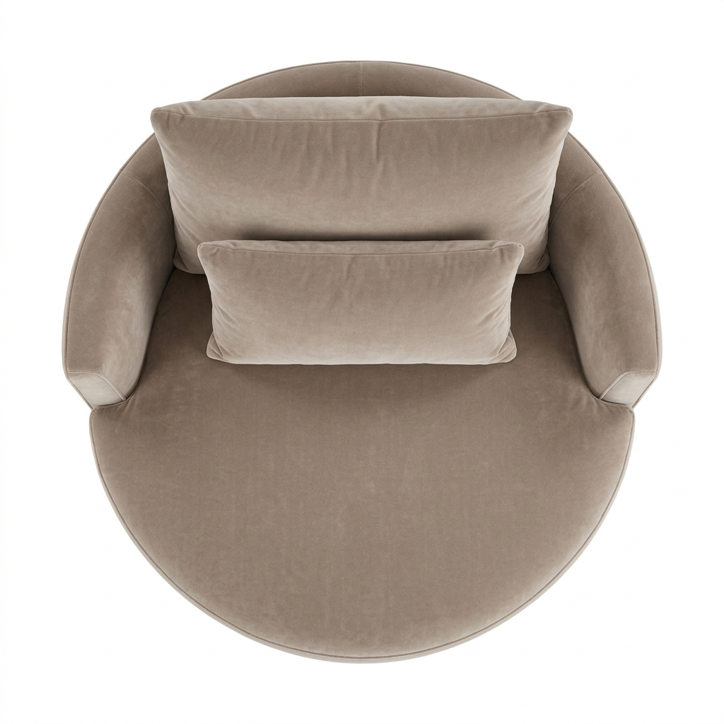 AI-generated overhead view of Orla round velvet armchair on white