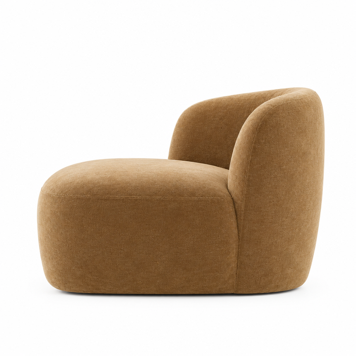 Luma Curved Velvet Arm Chair side view in camel on white