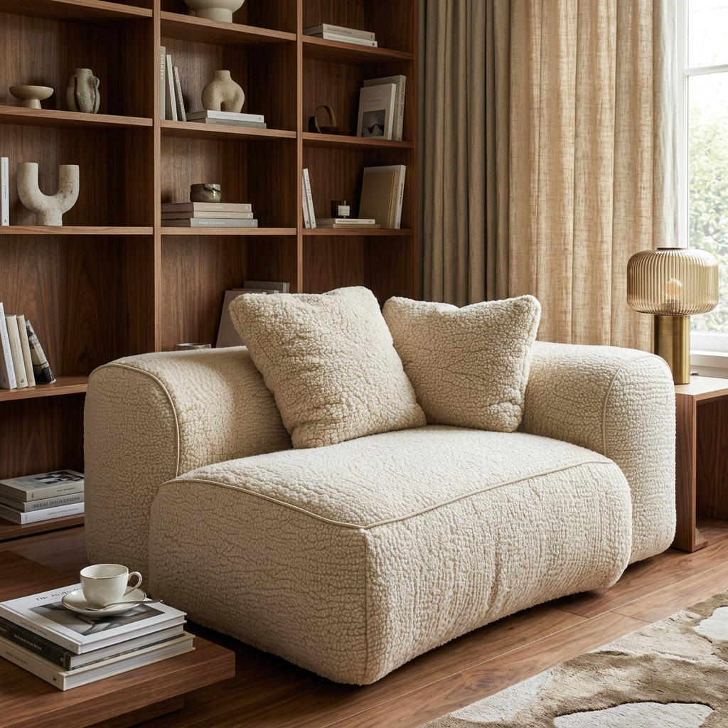 Liora ivory upholstered armchair in a warm reading room beside walnut shelves