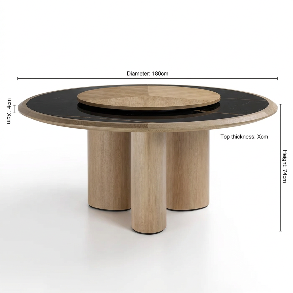 Orvella round oak dining table, right angled view