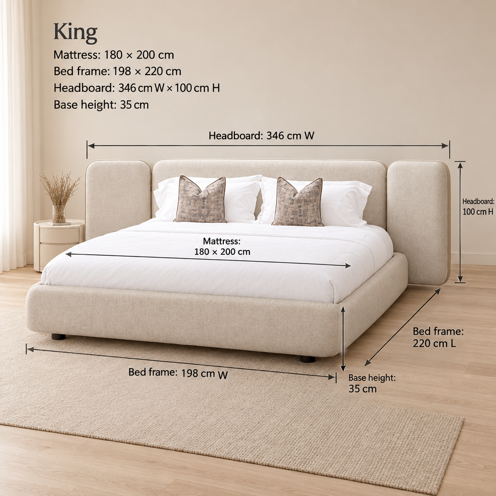 Marlow King dimensions: mattress 180 x 200 cm, bed frame 198 x 220 cm, headboard 346 cm wide x 100 cm high, base 35 cm high