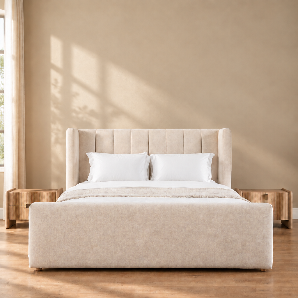 Linden bed with white pillows and sheets, no brown cushions, vases or lamps