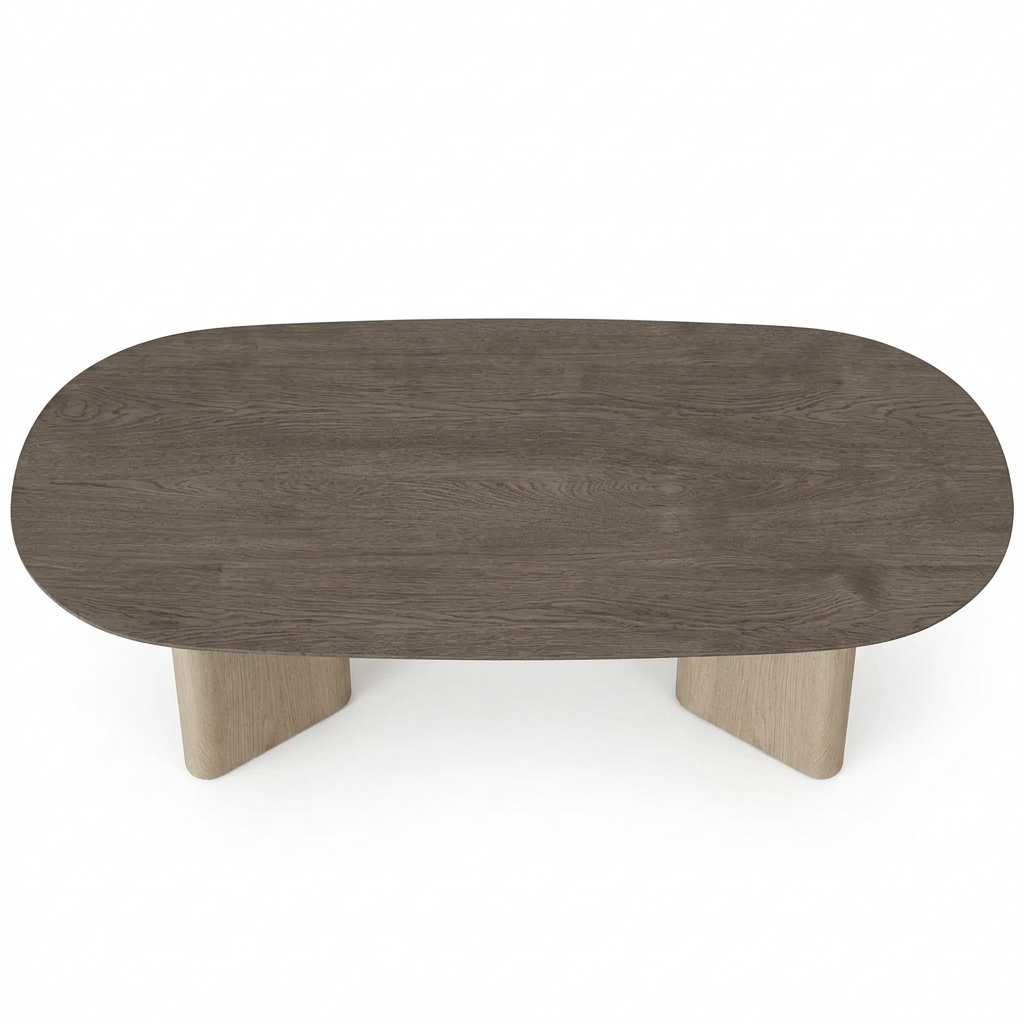 Selvaro oval solid wood dining table, overhead top view