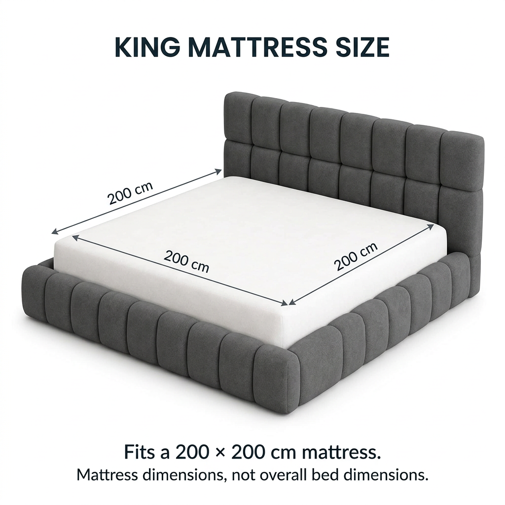 Kavo King mattress size guide with arrows showing 200 cm width and 200 cm length, not overall bed dimensions