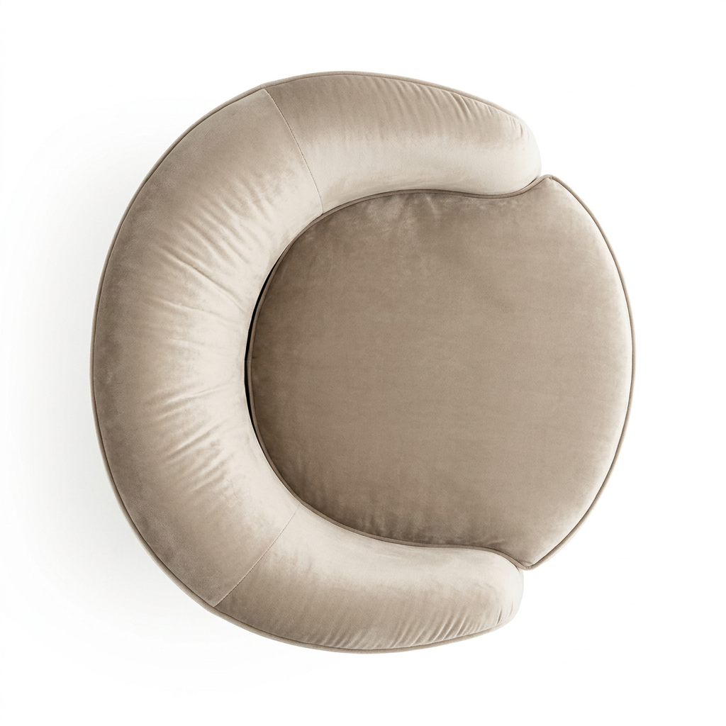 AI-reconstructed overhead view of Orelle beige barrel armchair