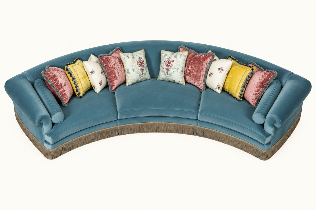 AI-created overhead view of Sultana curved blue sofa