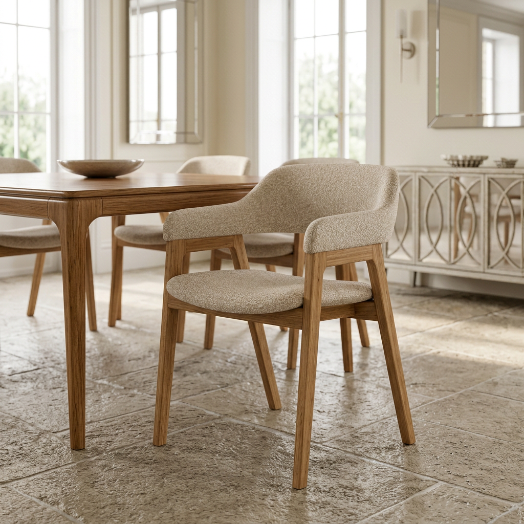 Elaris oat boucle and oak dining chair in a luxury dining room