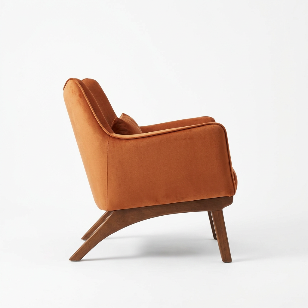 Renelle orange velvet armchair, right-side view on white