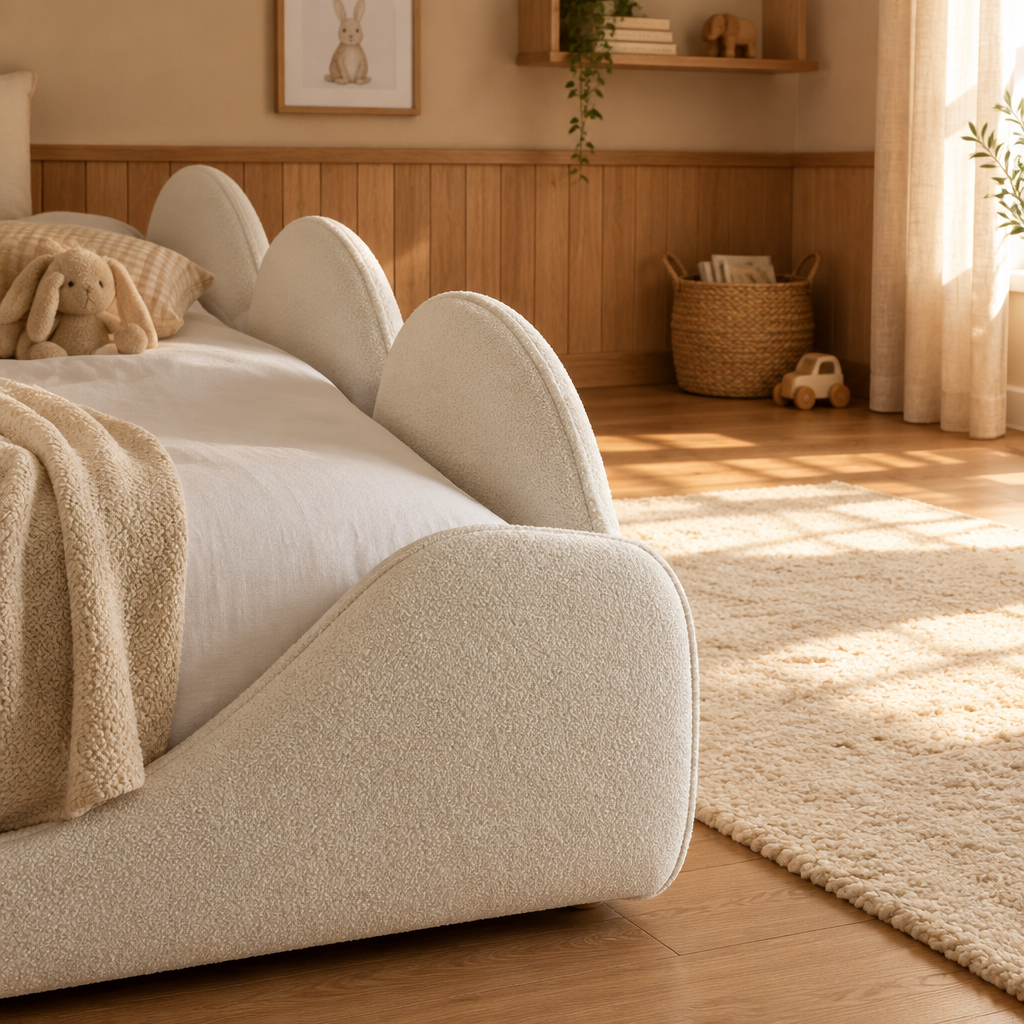 Marshmallow kids' bed styled in a cosy child's bedroom