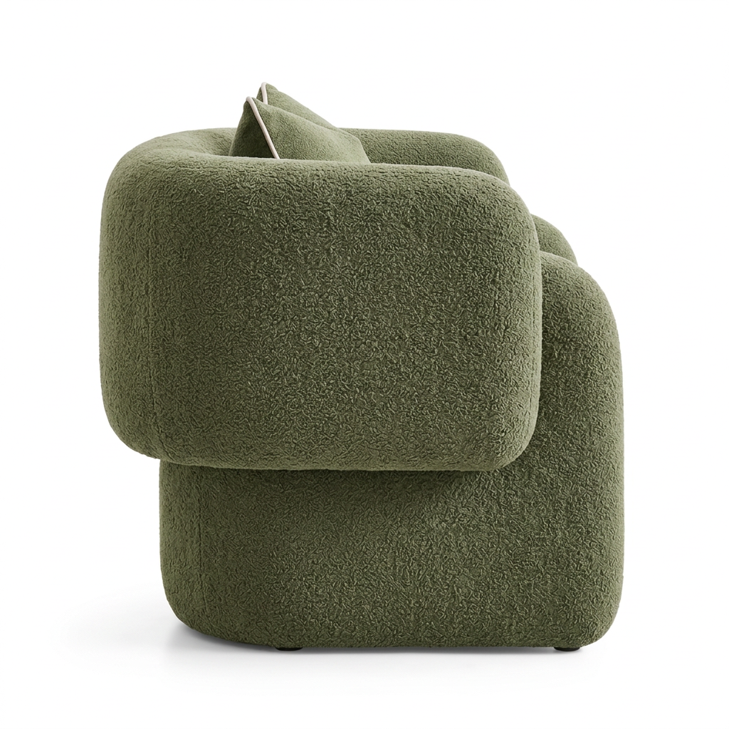 Riva olive green bouclé armchair right side on white