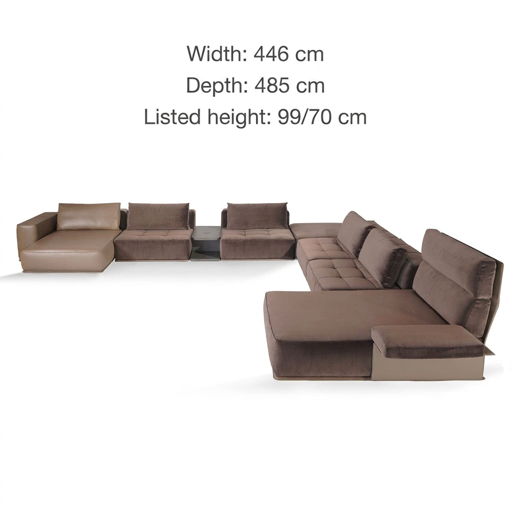 Avelis corner sofa overall dimensions: width 446 cm, depth 485 cm, listed height 99/70 cm