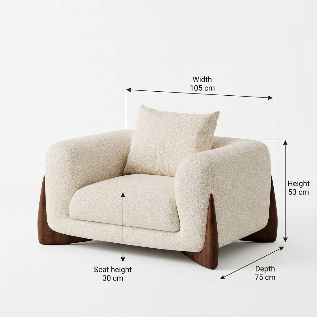 Nerelle armchair dimensions: 105 cm wide, 75 cm deep, 53 cm high; seat height 30 cm