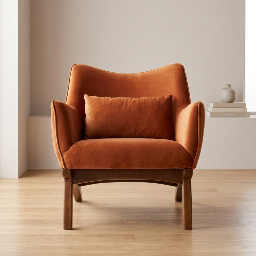 Renelle orange velvet armchair, front view in a neutral living room
