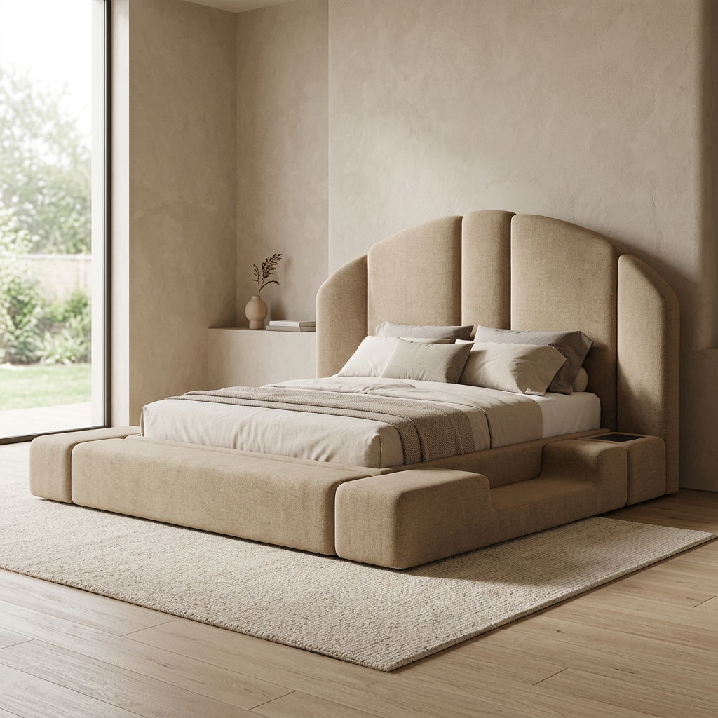 Vela beige upholstered bed displayed in a bedroom
