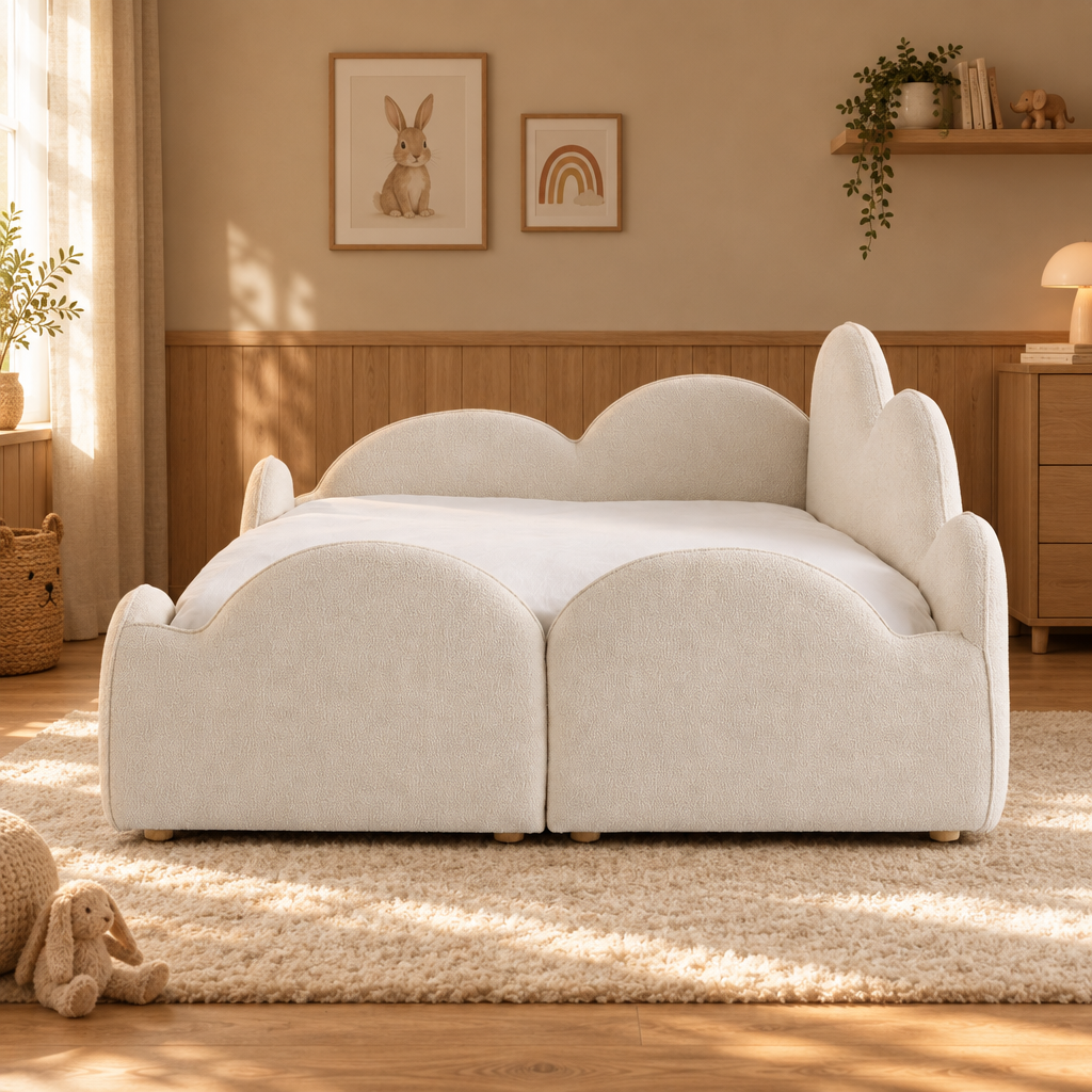 Marshmallow kids' bed cloud border detail in a warm beige room