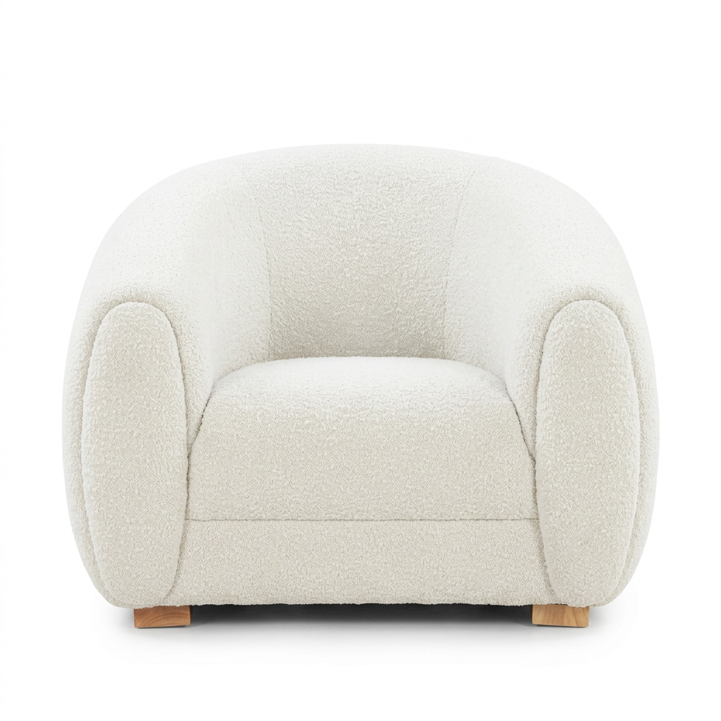 Cavelle wide ivory bouclé armchair, front view on white