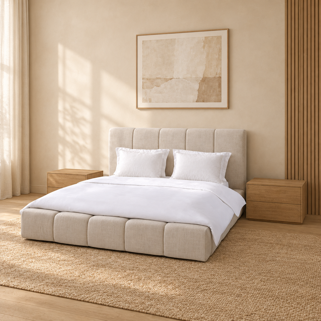 Alder bed with white bedding in a warm beige and wood interior