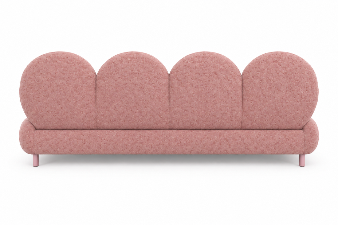 Mira Petal Bed pink upholstered frame back view on white background