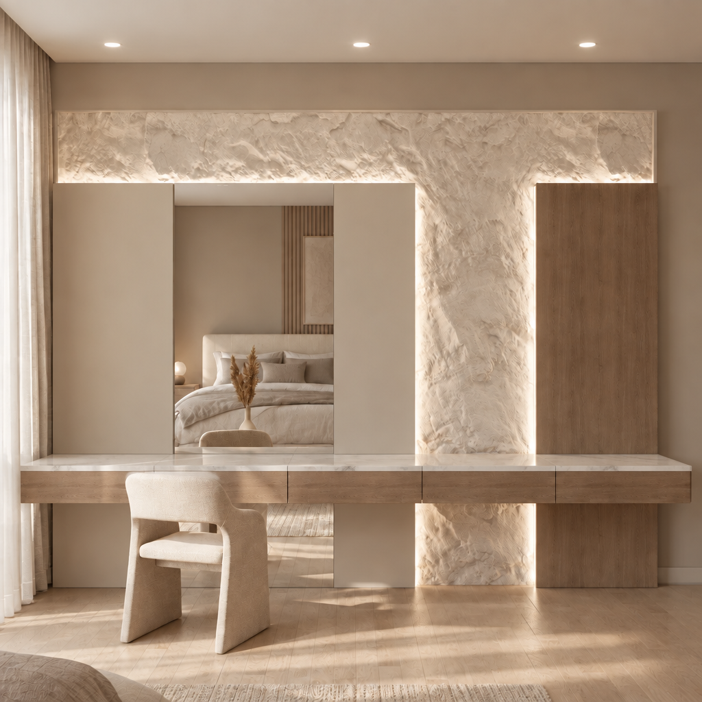 Marbella Vanity Wall with white marble countertop and wood drawer fronts, front view