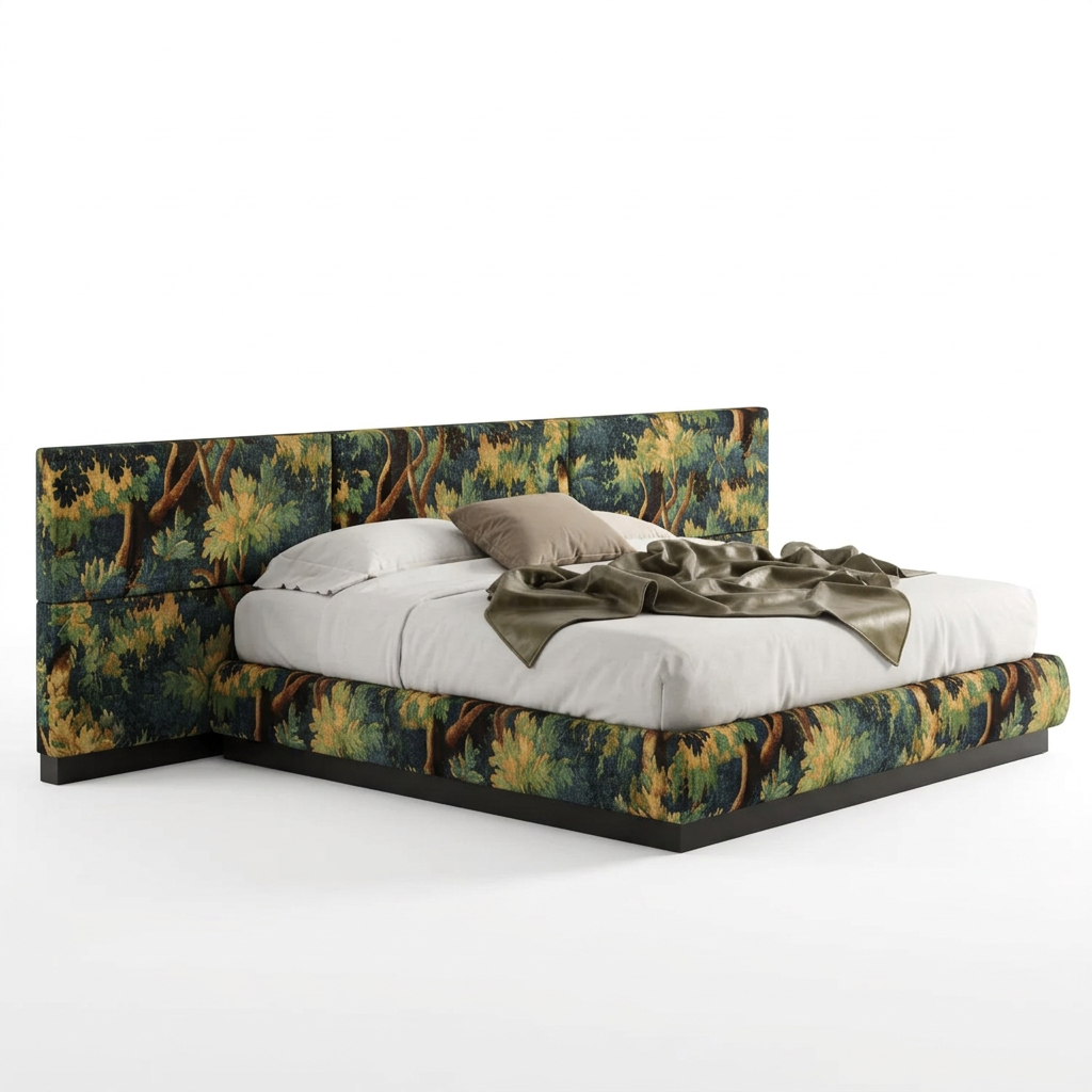 Sylvara botanical upholstered bed, left-side view on a white background