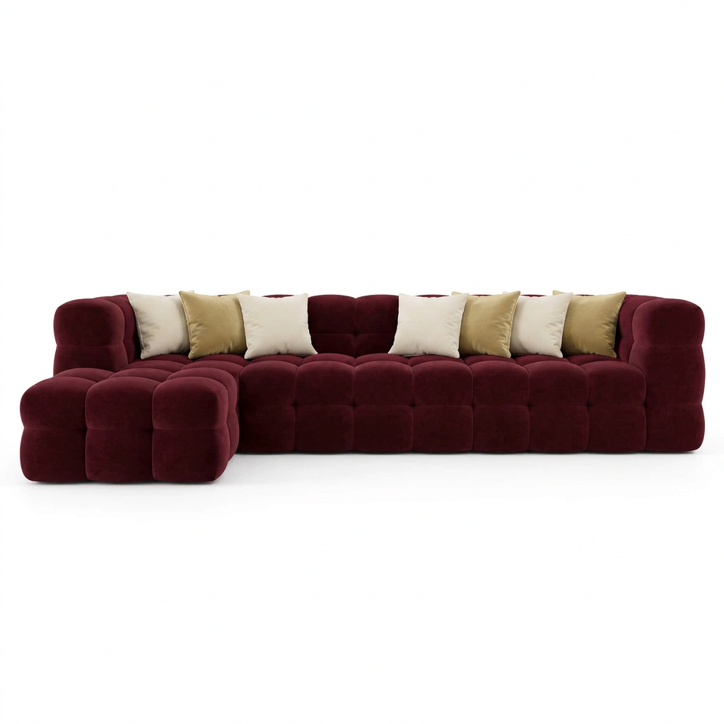 Mira dark red velvet sofa with contrasting cushions