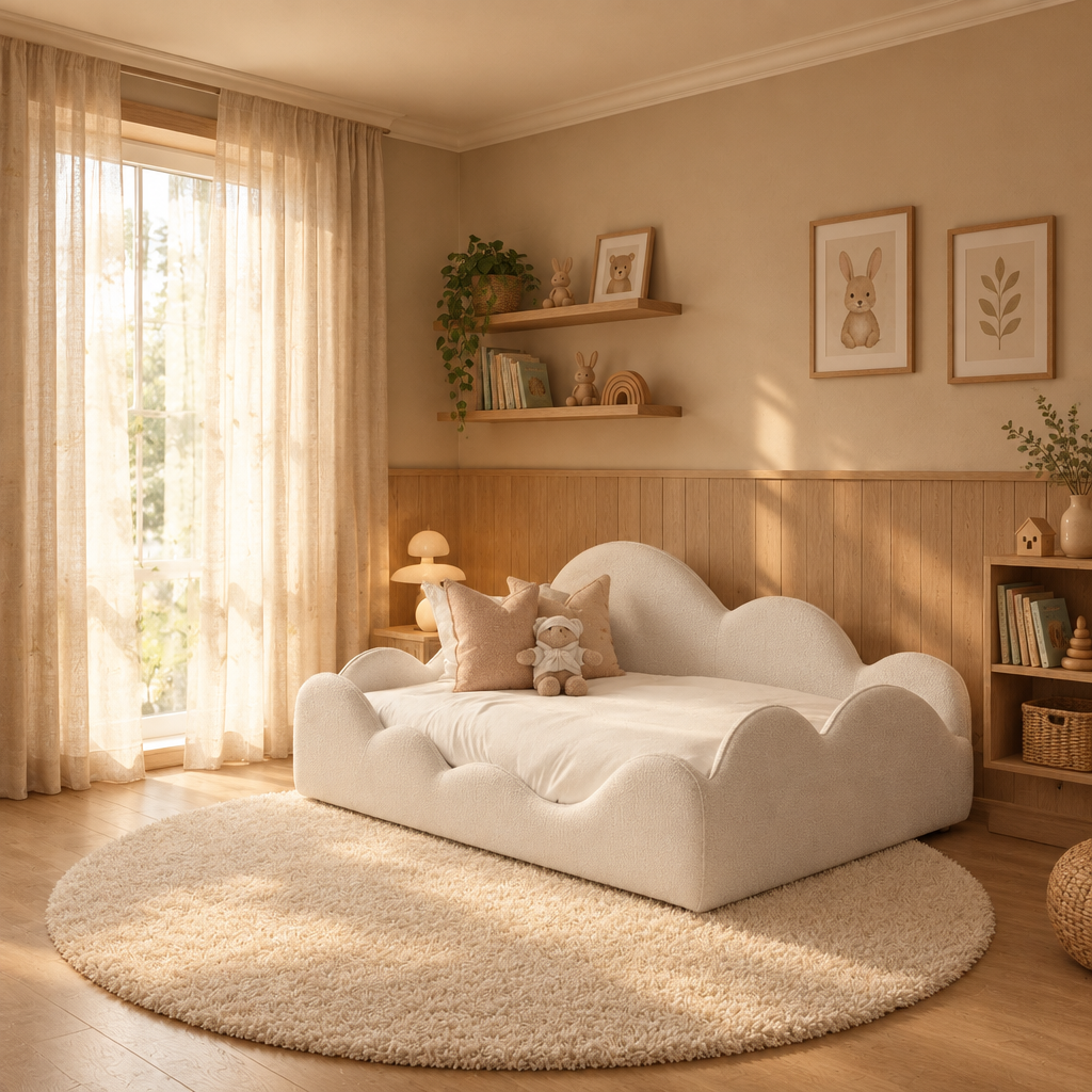 Marshmallow boucle cloud kids' bed in a warm beige and wood child's bedroom