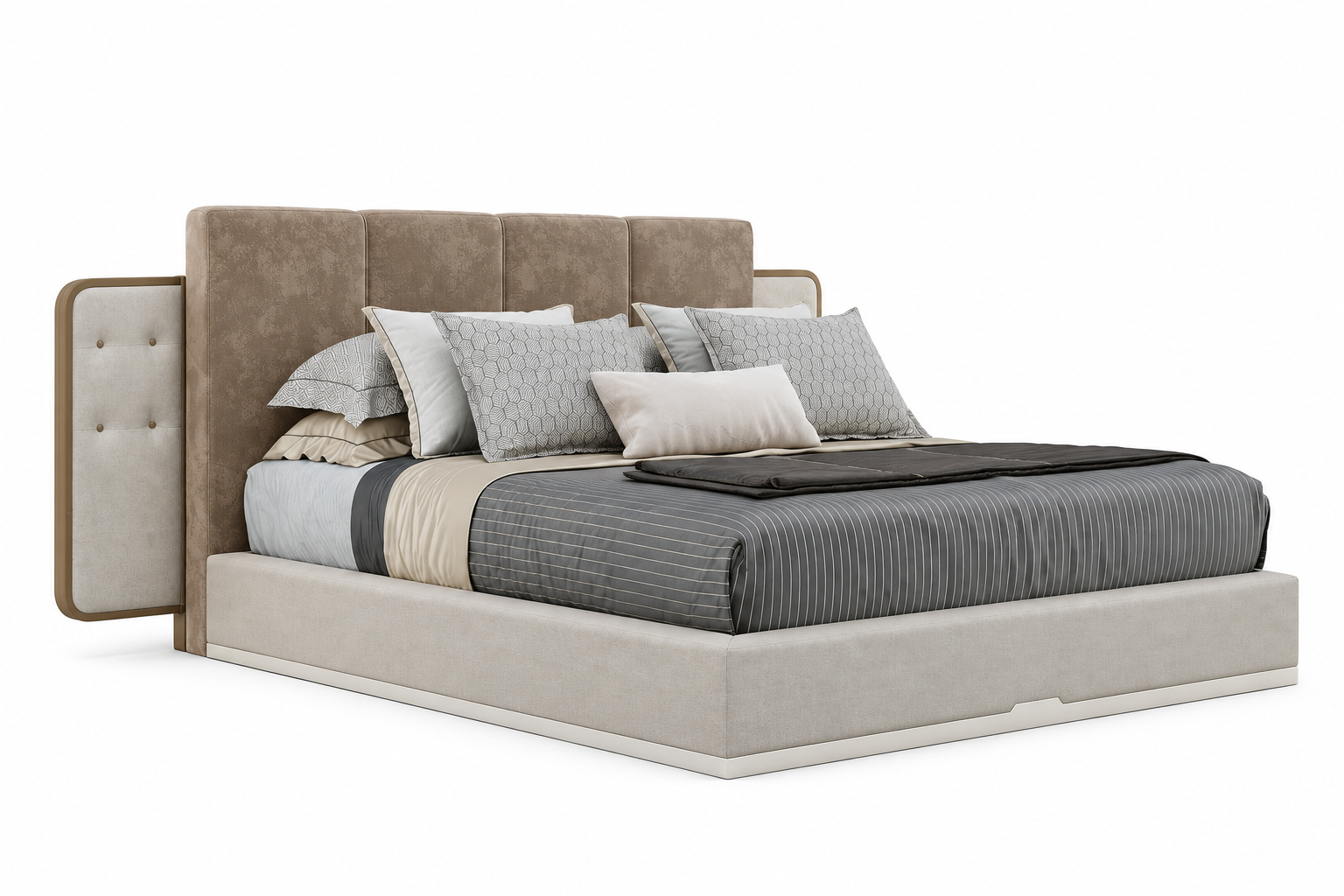 Side view of the Lola bed showing its upholstered headboard profile