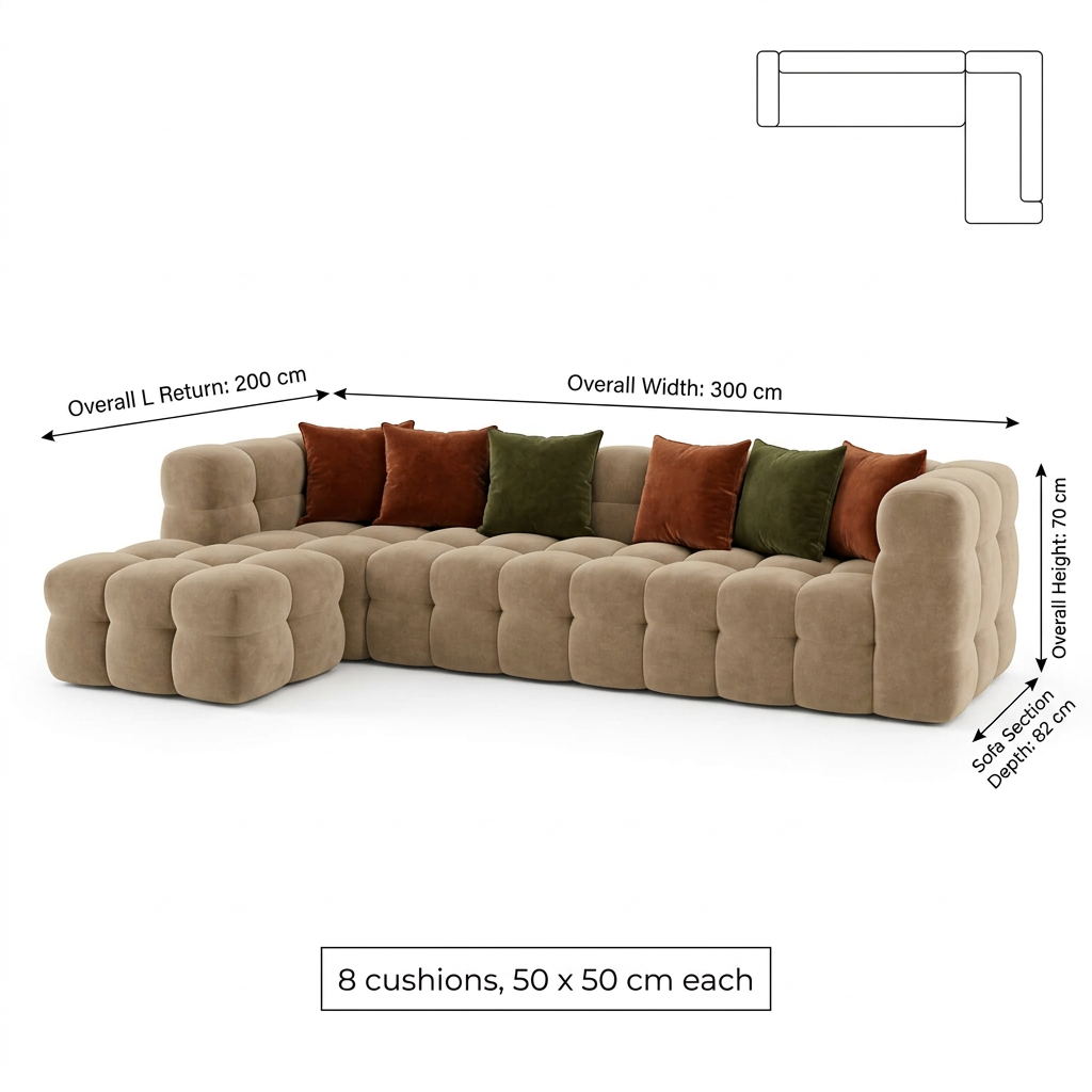Mira size guide 300 by 200 cm, depth 82 cm, height 70 cm