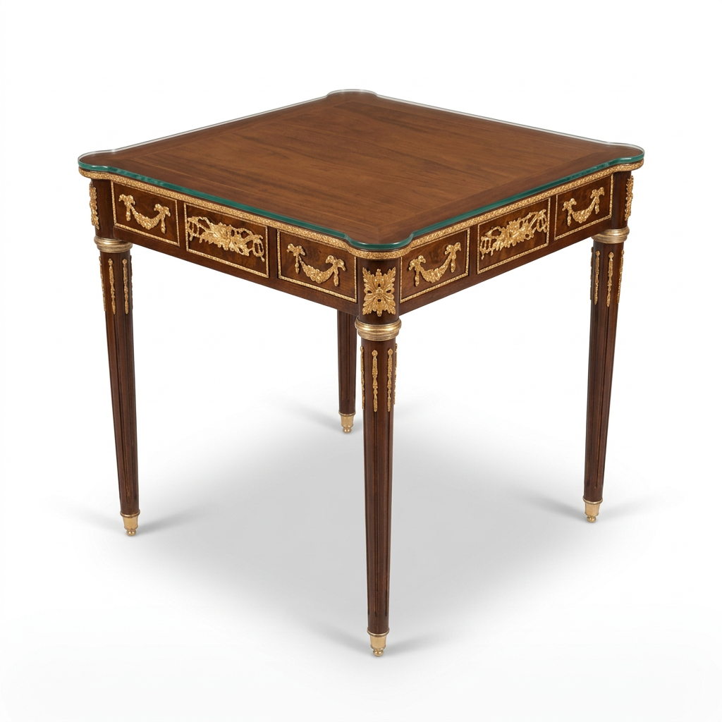 Matching marquetry side table on white background