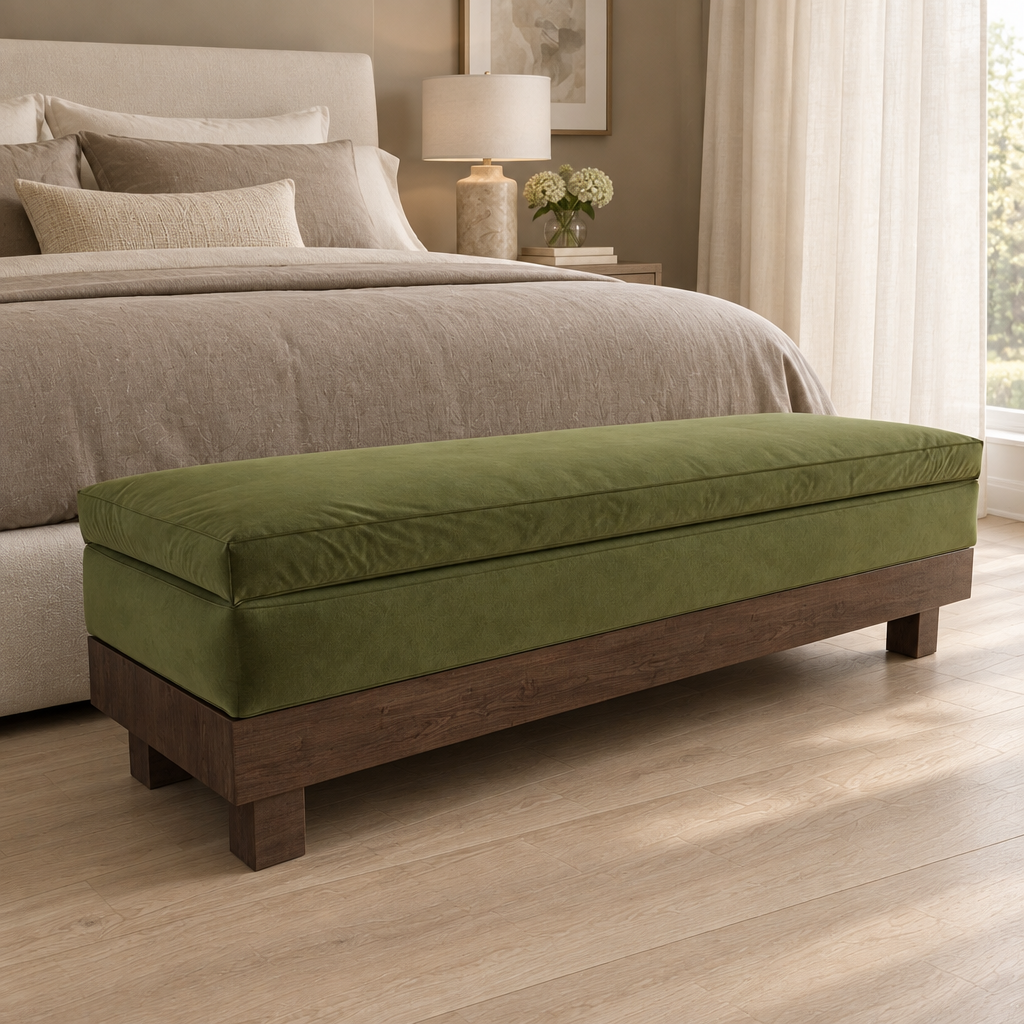 Tobhias upholstered bench at the foot of a bed, angled view