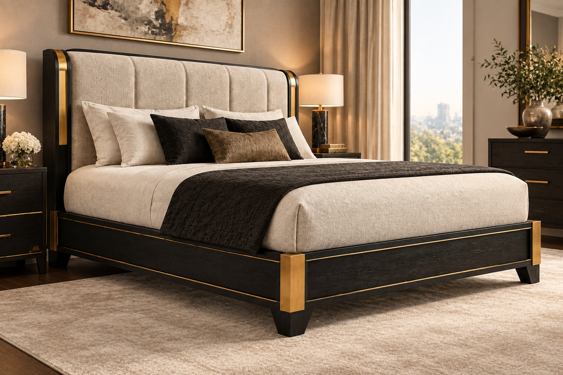 Three-quarter side view of the Savanna Majesty bed with a black-and-gold frame and upholstered headboard in a warmly lit luxury bedroom