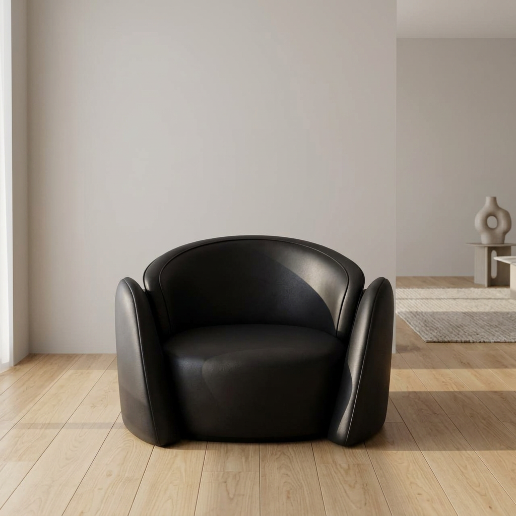 Varenne black faux leather armchair, front view in a neutral living room
