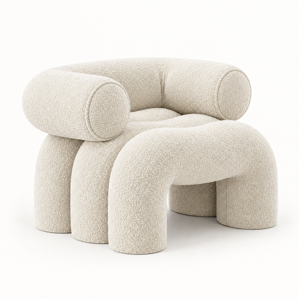 Cira sculptural armchair shown in off-white boucle fabric