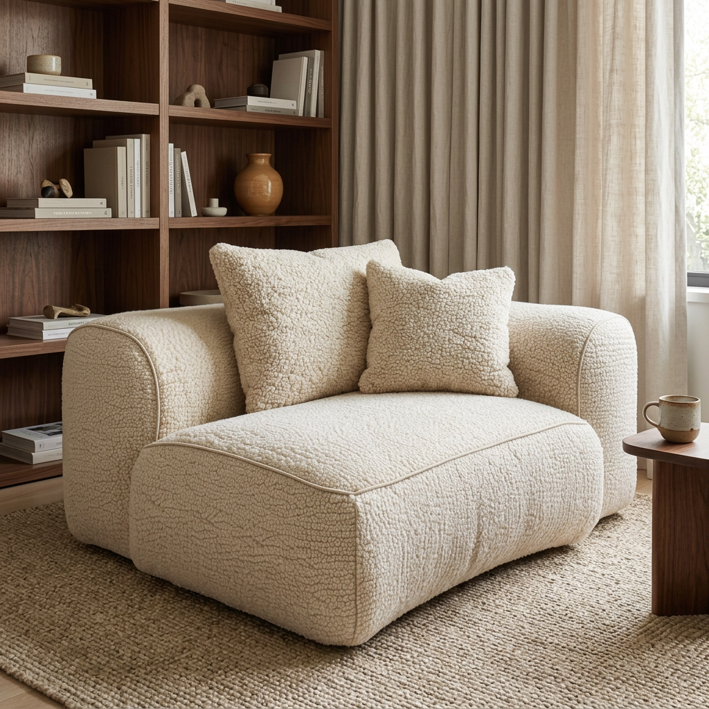 Avero cream upholstered armchair beside walnut shelves in a reading room