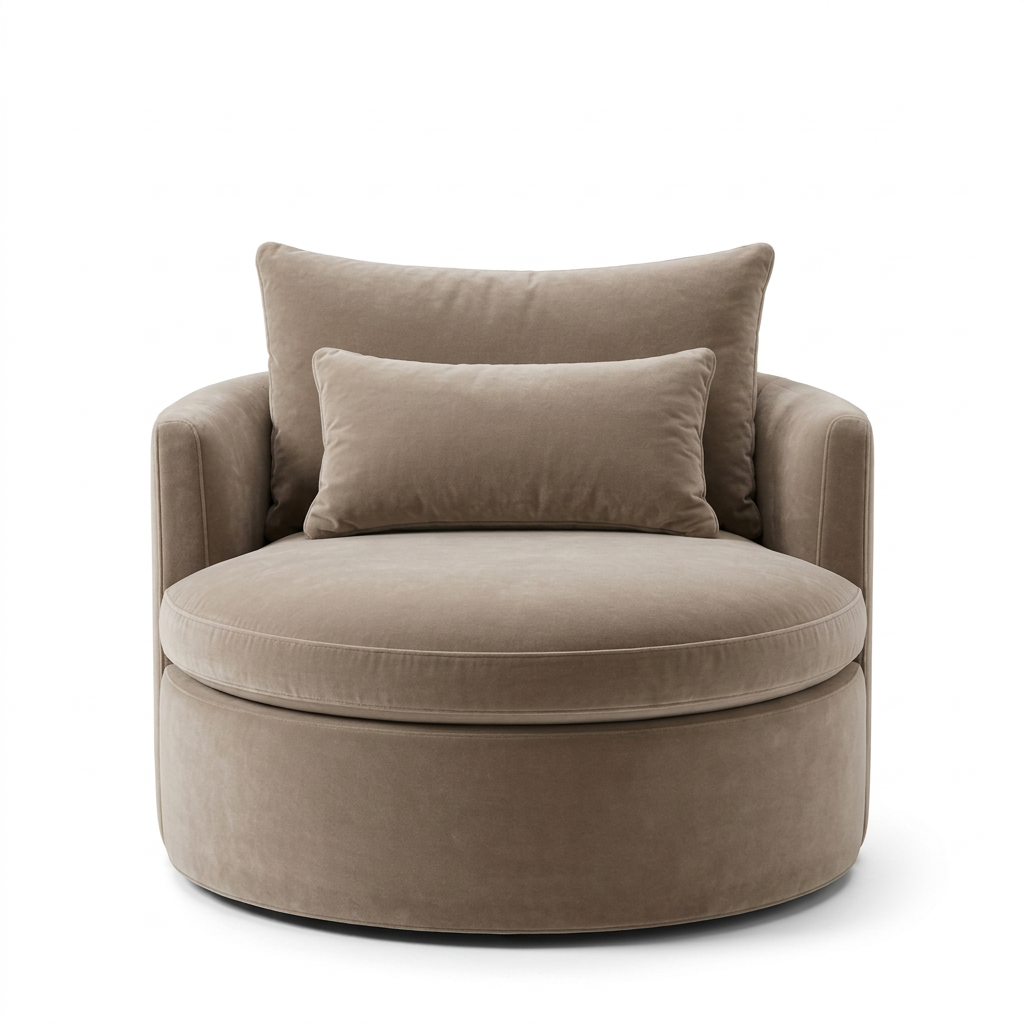 Front view of Orla taupe round velvet armchair on a white background