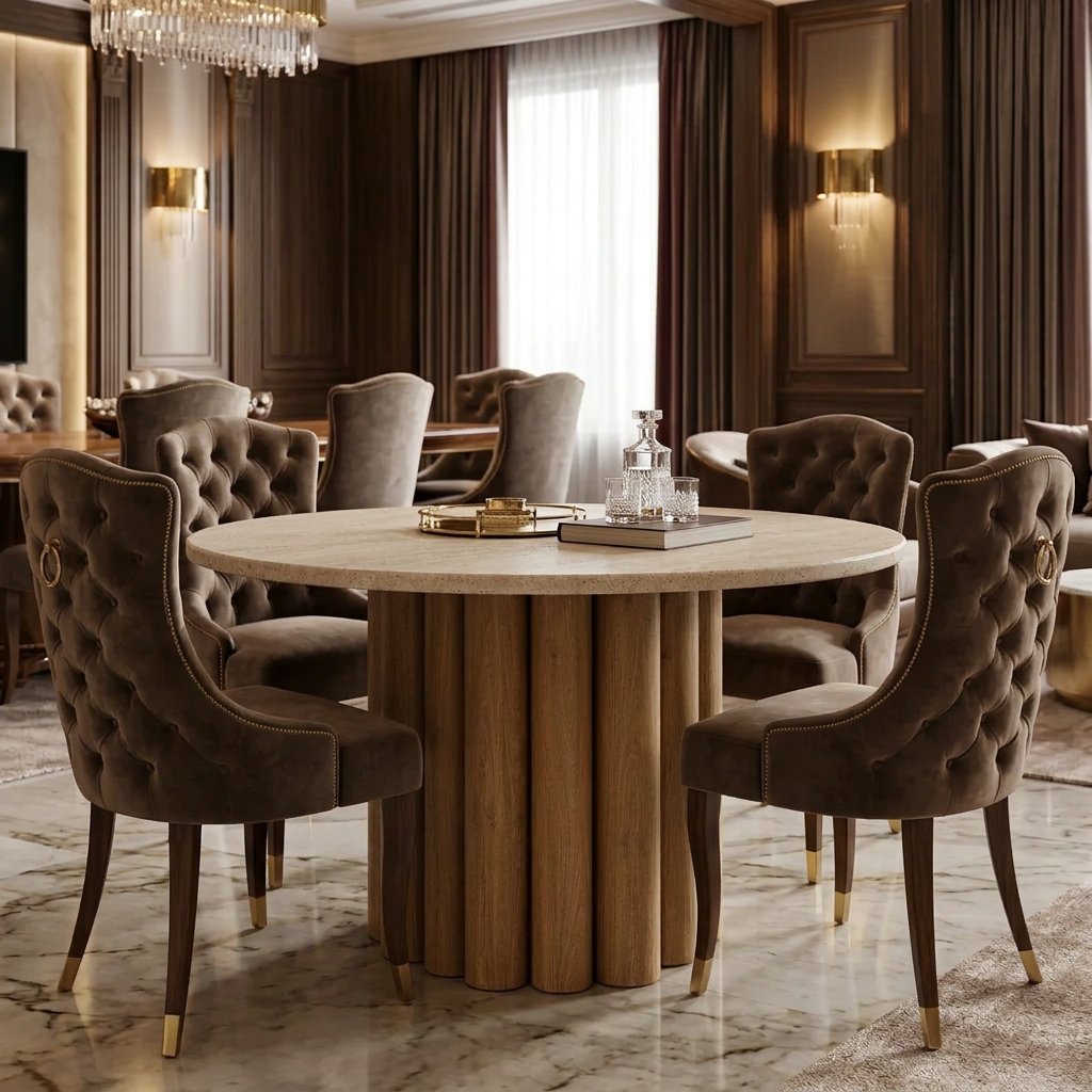 Elowen travertine dining table with light oak-toned fluted base, right view