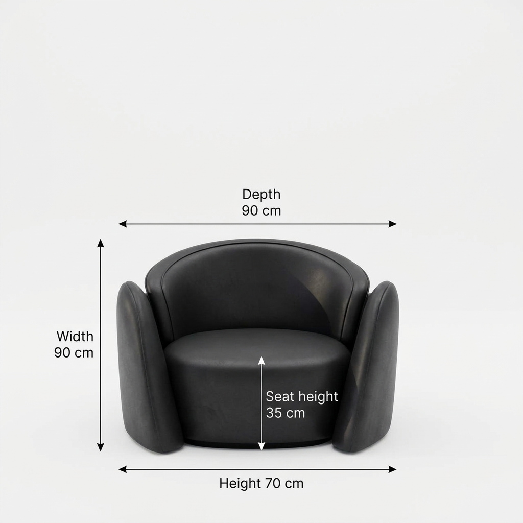 Varenne armchair dimensions: 90 cm wide, 90 cm deep, 70 cm high; seat height 35 cm