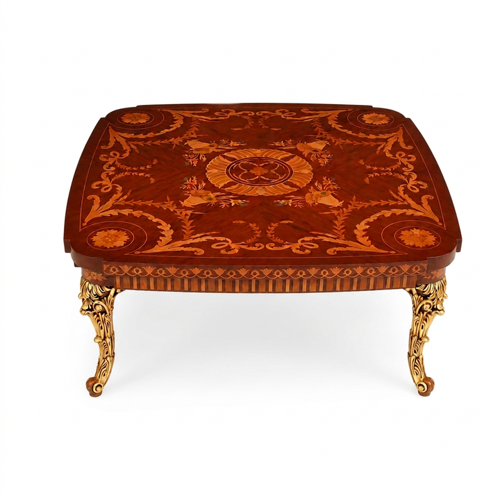 Ravelle square floral marquetry coffee table with gold-toned legs, elevated front view