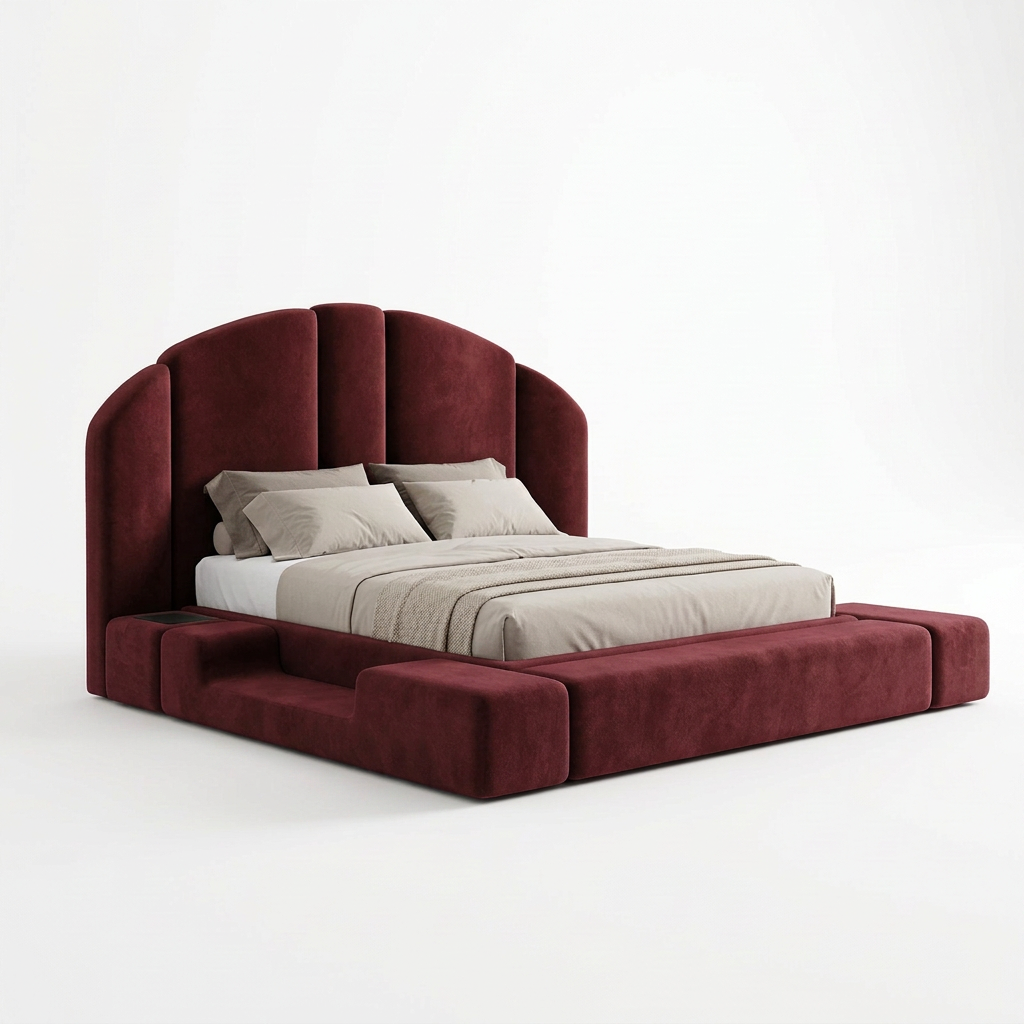 Vela arched upholstered bed in dark-red fabric