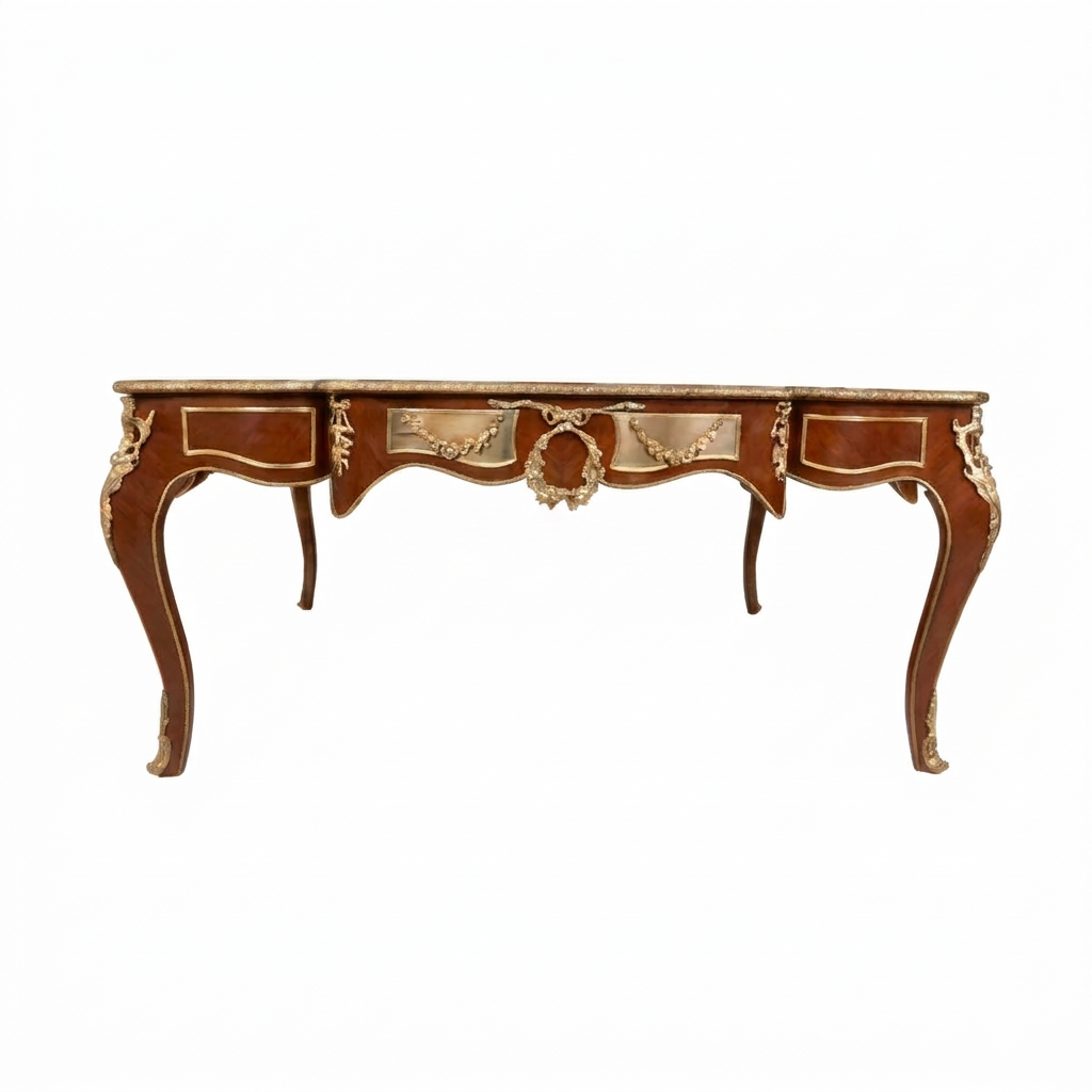 Orvienne marquetry coffee table, straight elevation with central brass wreath