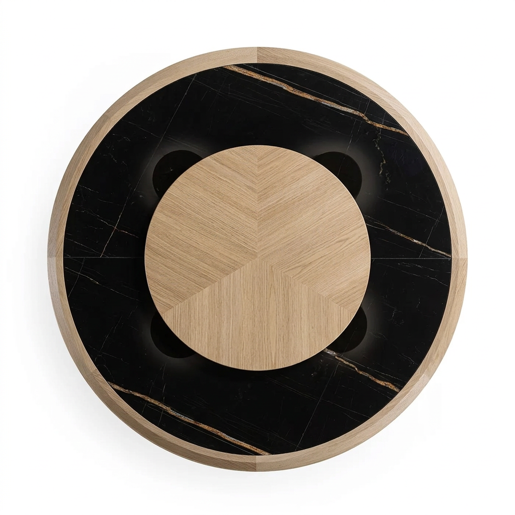 Orvella round black marble-effect tabletop and oak lazy susan, overhead view