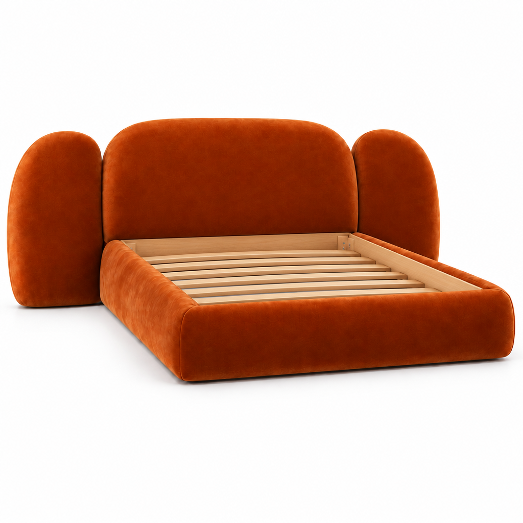 Orin sculptural upholstered bed, left angled view; mattress not included