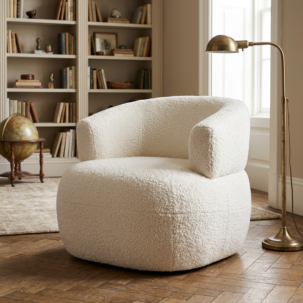 Soreva ivory bouclé armchair styled in an elegant reading room
