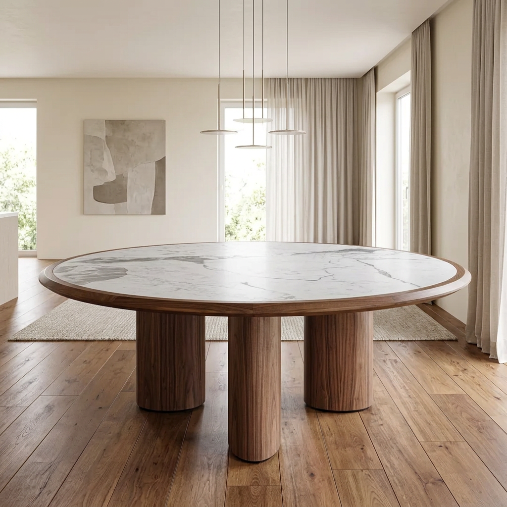 Valdora round Carrara marble dining table, front view in a contemporary dining room